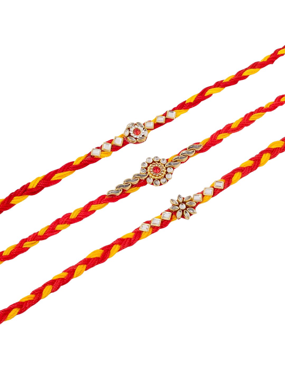 Dhiyona Set Of 3 Kundan Studded Thread Rakhis With Roli Chawal Chandan & Mishri