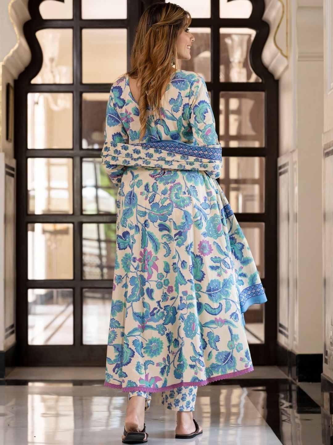 Dhiyona KL Kalini Women Floral Printed Pure Cotton Anarkali Kurta and Trousers With Dupatta
