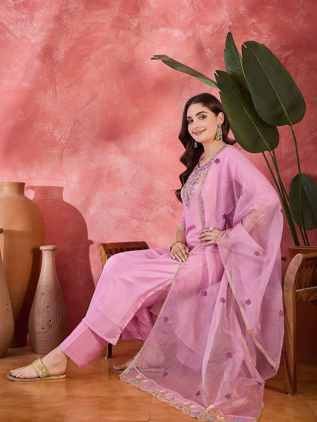 Floral Embroidered Thread Work Straight Kurta With Trousers & Dupatta