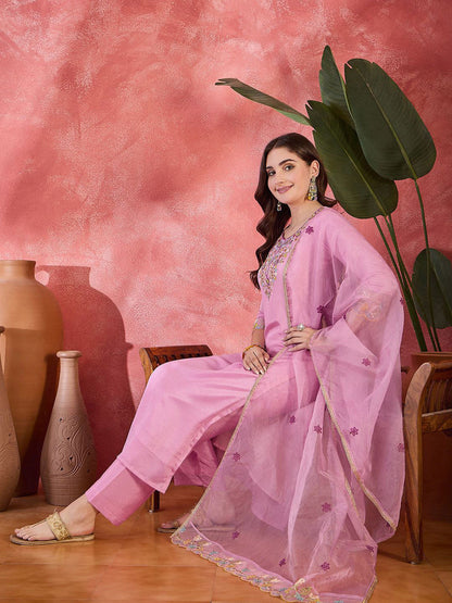 Floral Embroidered Thread Work Straight Kurta With Trousers & Dupatta