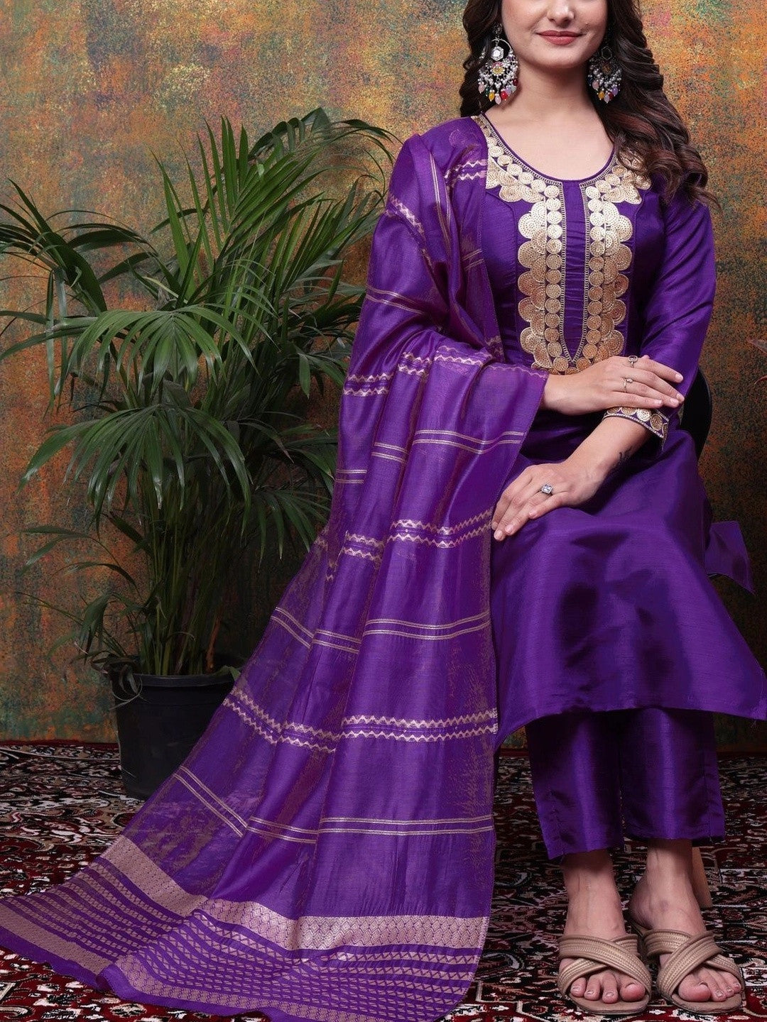 Women Ethnic Motifs Embroidered Regular Kurta with Trousers & With Dupatta