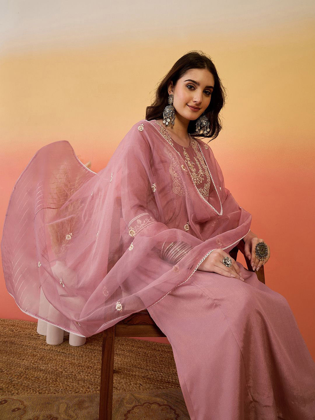 Ethnic Motifs Embroidered Poly Chiffon A-Line Kurta With Trousers And Dupatta