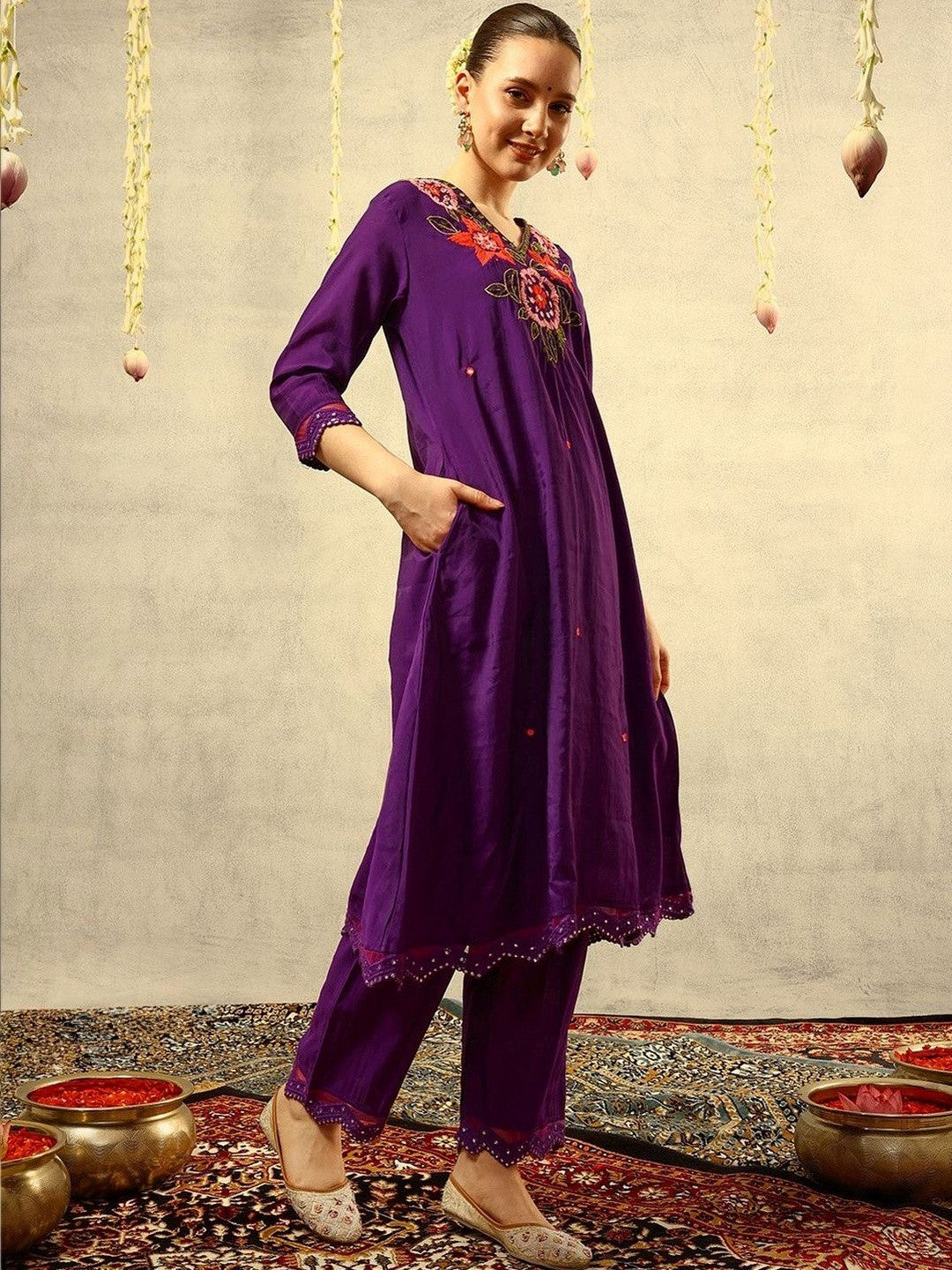 Embroidered V-Neck Kurta & Trousers With Dupatta