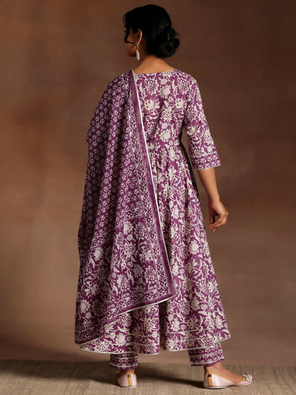 Women's LB Purple Printed Cotton Anarkali Suit With Dupatta