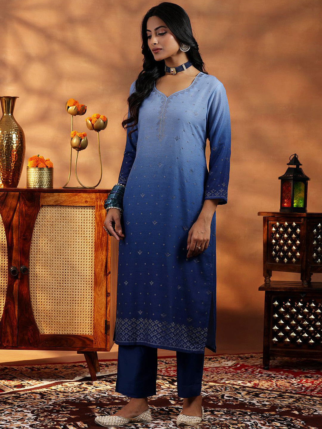 Women Ombre Dyed Regular Beads and Stones Kurta with Trousers & With Dupatta
