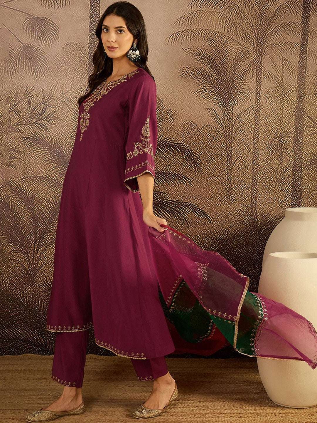 Zari Sequence Thread Embroidered A-Line Kurta & Trousers With Dupatta