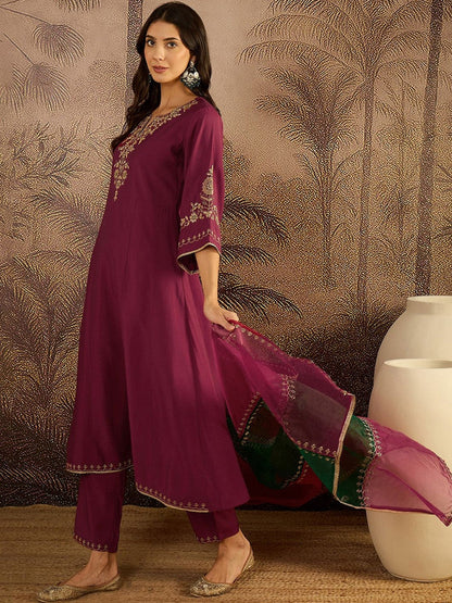 Zari Sequence Thread Embroidered A-Line Kurta & Trousers With Dupatta