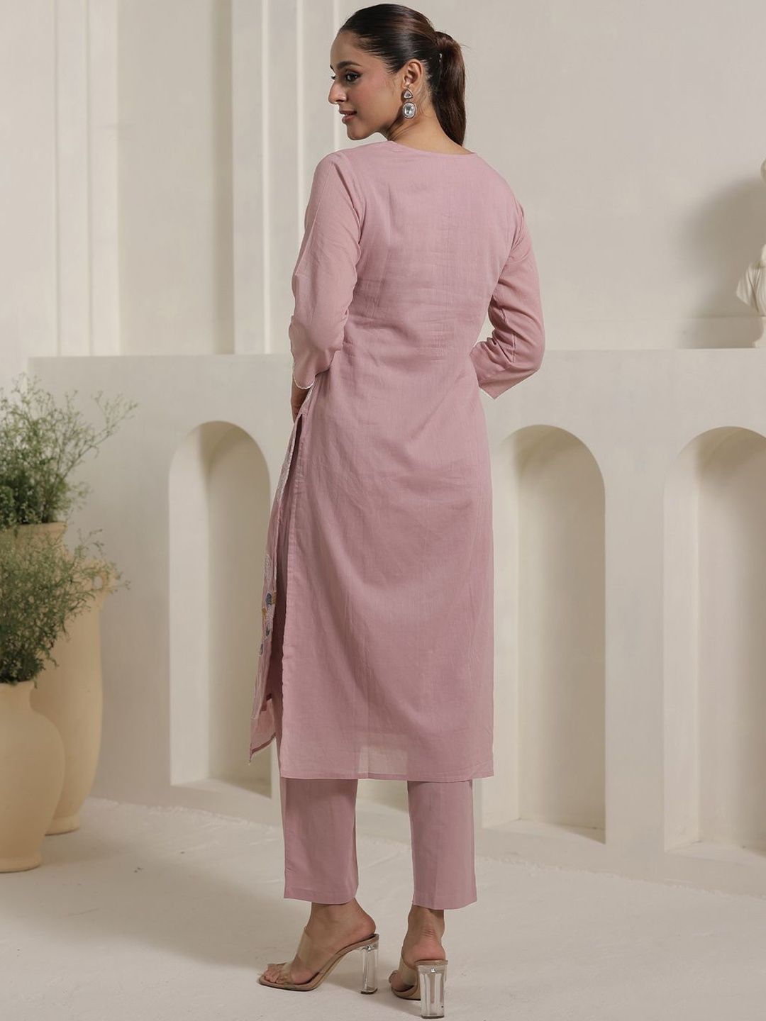 Women Solid Cotton Kurta with Trousers & Dupatta