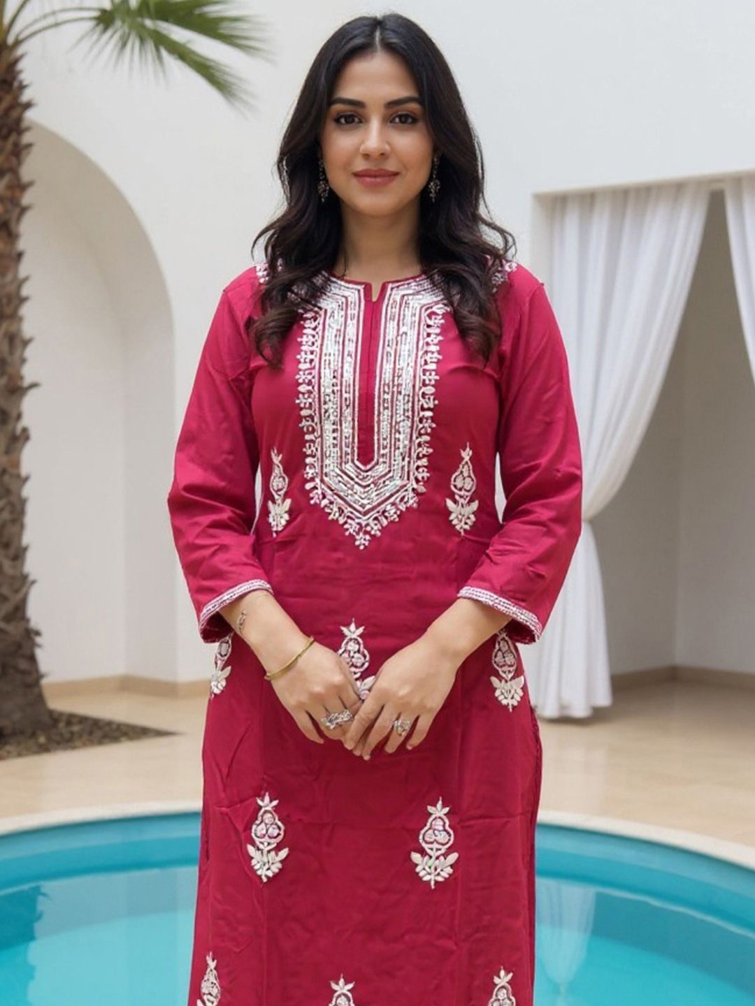 Dhiyona IE Women Ethnic Motifs Embroidered Regular Thread Work Kurta with Trousers