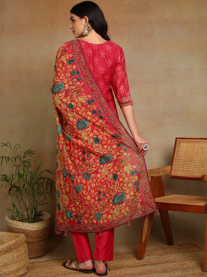 Women Ethnic Motifs Regular Sequinned Chanderi Cotton Kurta with Trousers & With Dupatta