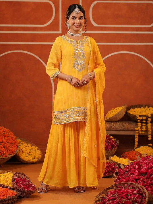 Dhiyona SC Women Bandhani Printed Gotta Patti Straight Kurta with Sharara & Dupatta