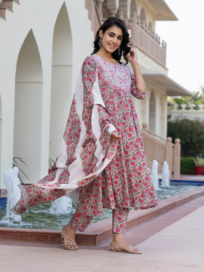 Dhiyona KL Women Floral Printed Regular Pure Cotton Kurta with Trousers & With Dupatta