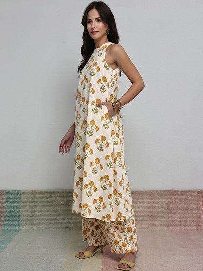 Off White Floral Printed Cotton A-Line Kurta Set