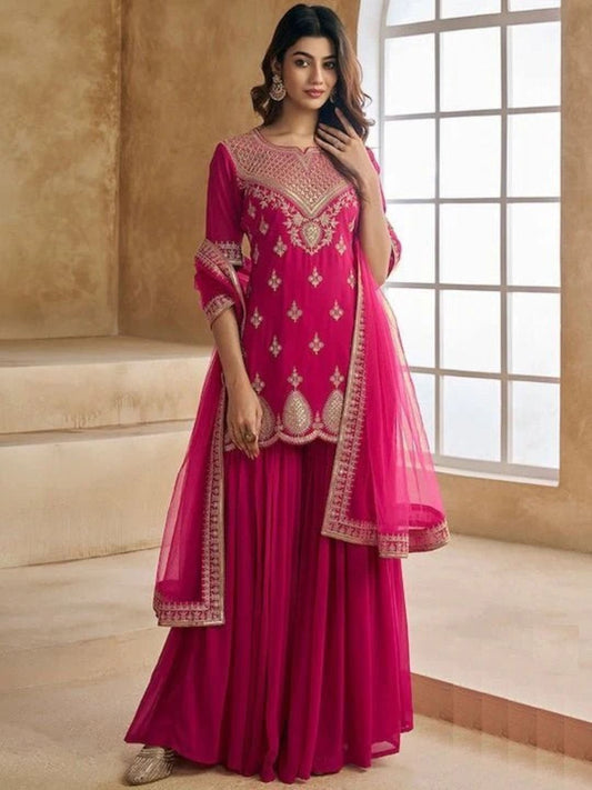 Dhiyona KL Floral Embroidered Notch Neck Sequinned Georgette Kurta With Sharara & Dupatta