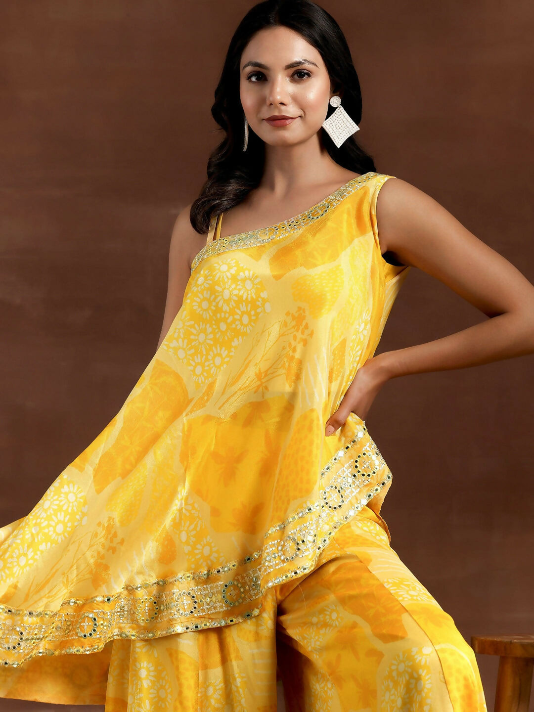 Women's LB Naaz Yellow Printed Silk Blend Co-Ords