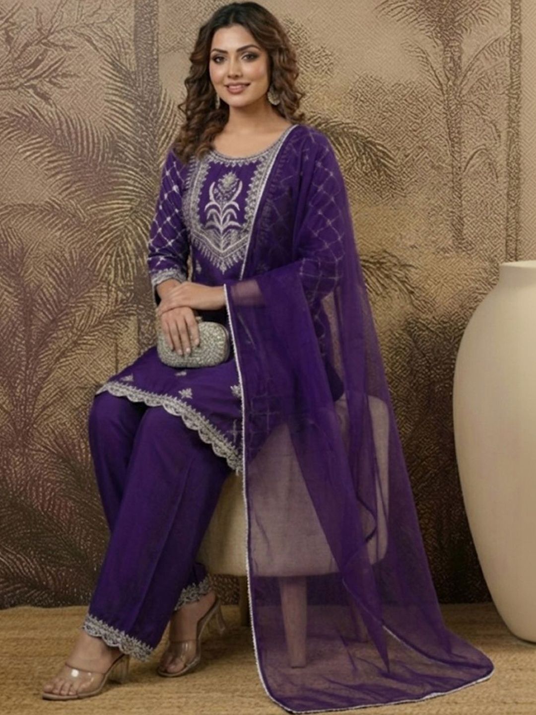 Dhiyona SN Embroidered Round Neck Straight Kurta & Palazzos With Dupatta