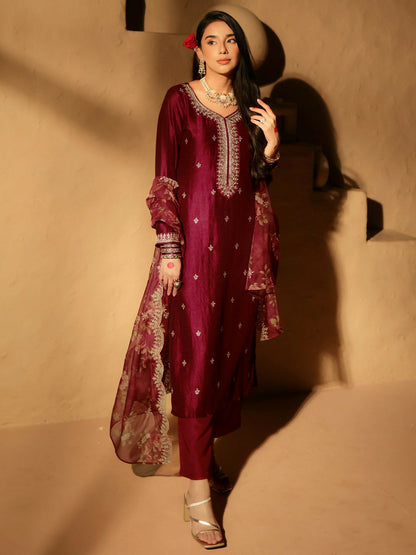 Women's LB Maroon Embroidered Silk Blend Straight Suit With Dupatta