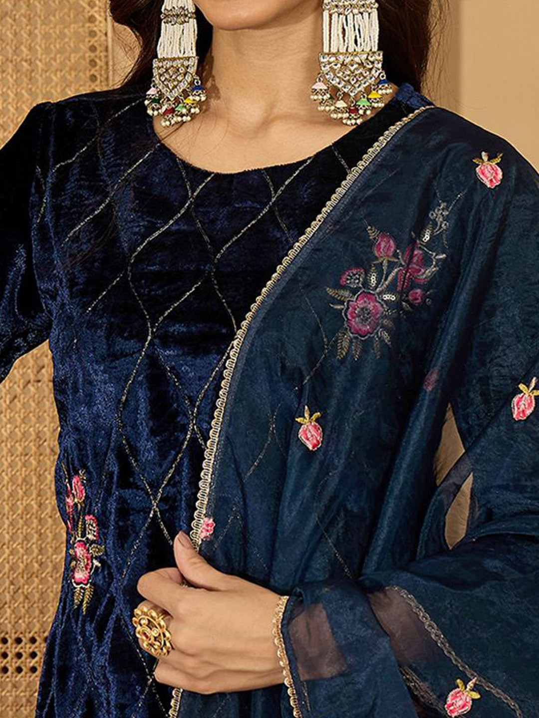 Zari Sequence Thread Embroidered Velvet Straight Kurta & Trousers With Dupatta