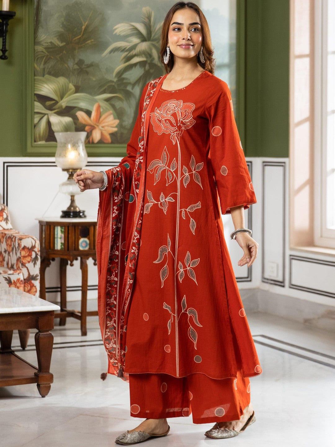 Printed Pure Cotton Straight Kurta With Palazzo & Dupatta