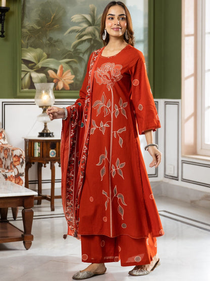 Printed Pure Cotton Straight Kurta With Palazzo & Dupatta