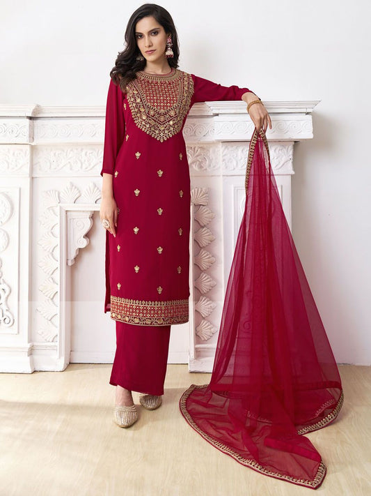 Dhiyona IN Floral Embroidered Round Neck Georgette Straight Kurta With Palazzos & Dupatta