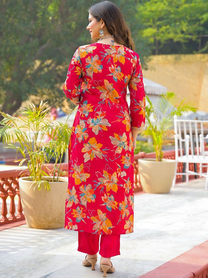 Dhiyona KL Women Floral Printed Regular Thread Work Kurta with Trousers & With Dupatta