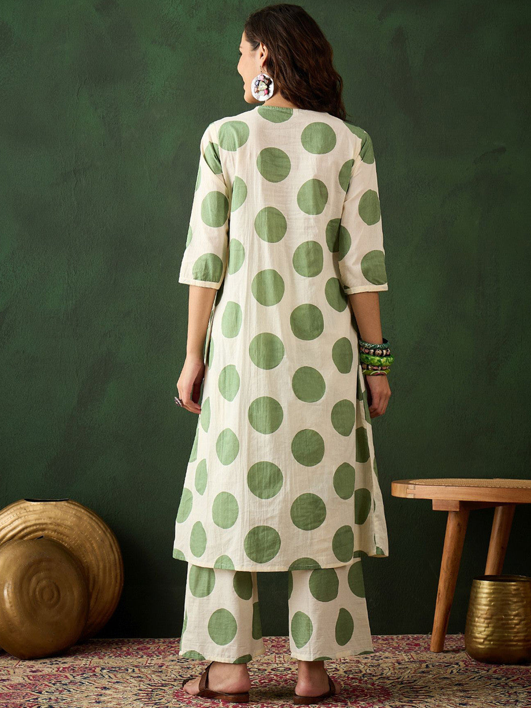 Green Dot Embroidered Pure Cotton Sequinned A-line Kurta With Trouser