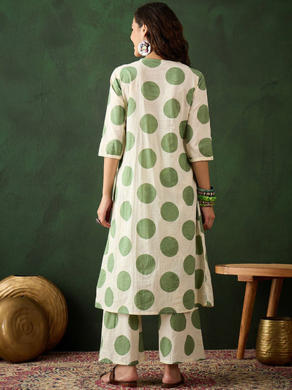 Green Dot Embroidered Pure Cotton Sequinned A-line Kurta With Trouser