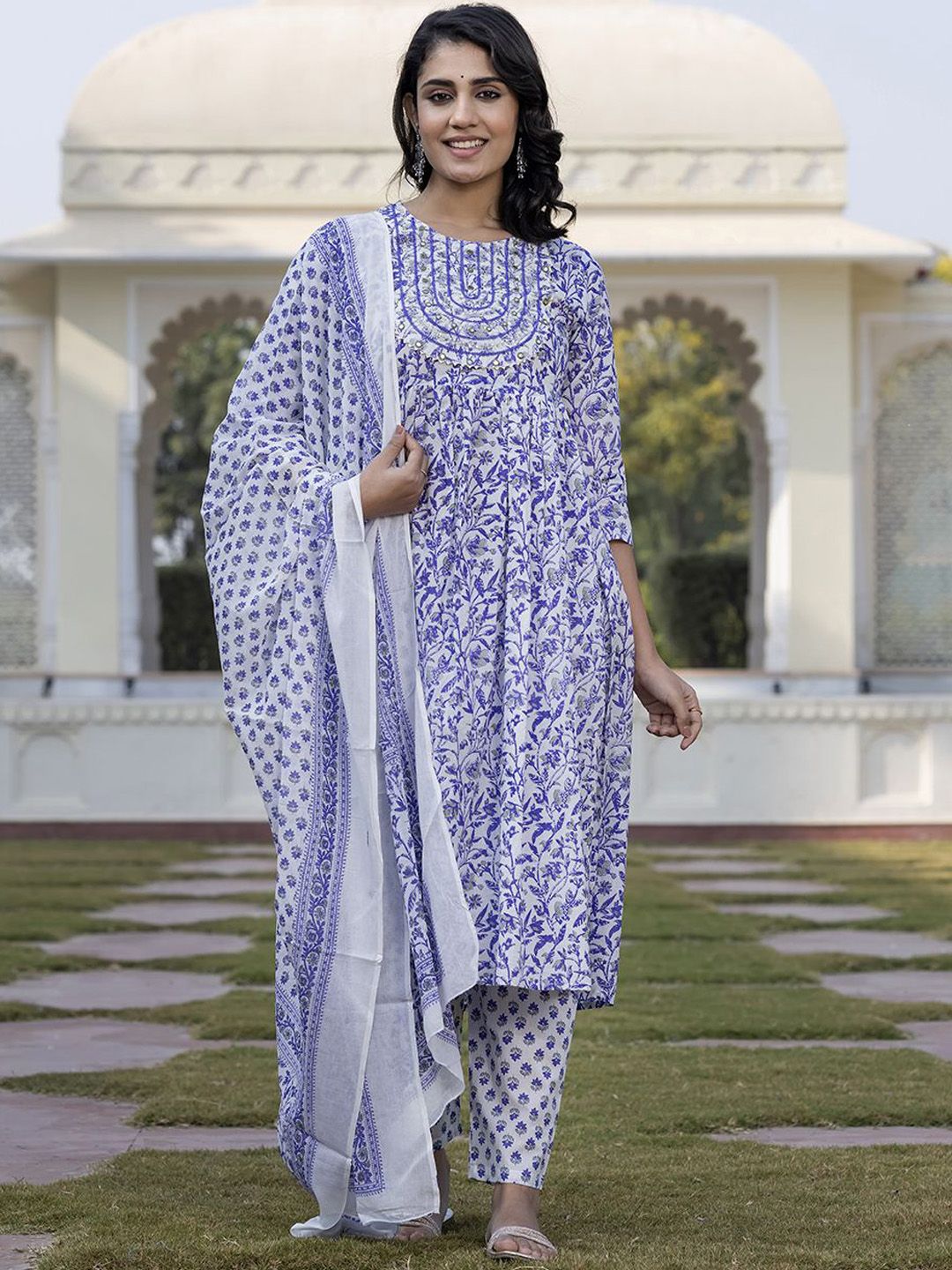 Dhiyona KL Floral Printed Gotta Patti Pure Cotton Anarkali Kurta With Trouser & Dupatta