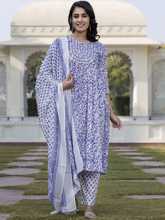 Dhiyona KL Floral Printed Gotta Patti Pure Cotton Anarkali Kurta With Trouser & Dupatta
