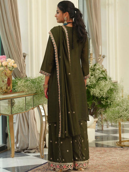 Dhiyona IE Women Ethnic Motifs Embroidered Regular Thread Work Kurta with Palazzos & With Dupatta