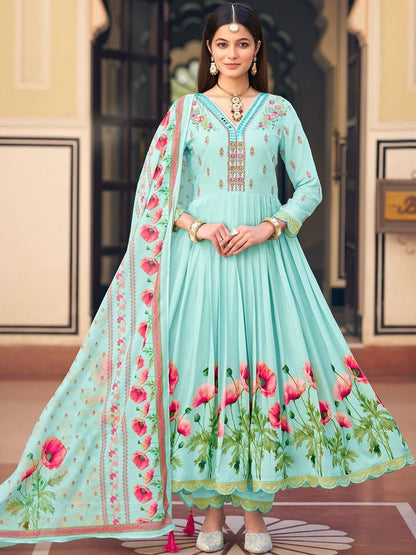 Dhiyona CH Floral Printed Tiered V-Neck Thread Work Kurta With Trousers & Dupatta