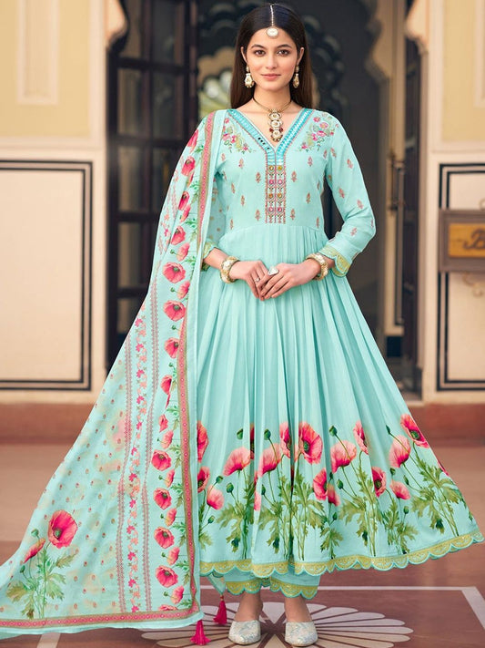 Dhiyona CH Floral Printed Tiered V-Neck Thread Work Kurta With Trousers & Dupatta