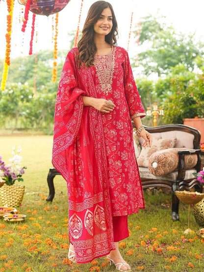 Dhiyona KL Ethnic Motifs Printed Round Neck Kurta with Trousers & Dupatta