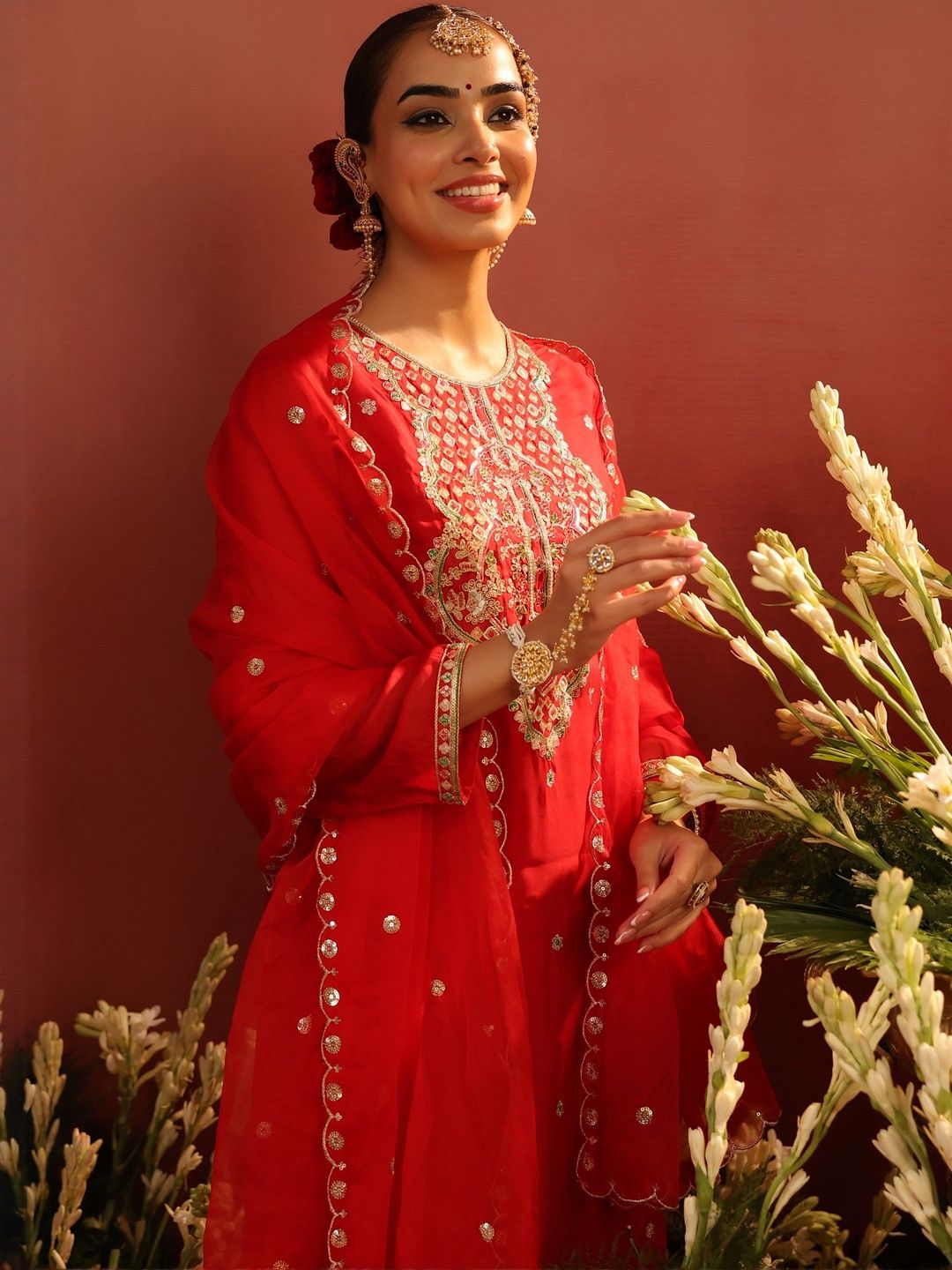 Dhiyona SC Red Women Ethnic Motifs Embroidered Thread Work Kurti with Sharara & Dupatta