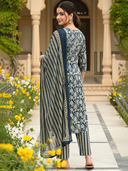 Dhiyona KL Floral Printed Straight Kurta With Trousers & Dupatta