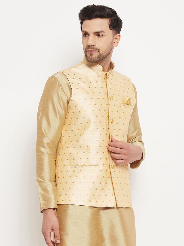 Men's Gold Silk Blend Straight Nehru Jacket