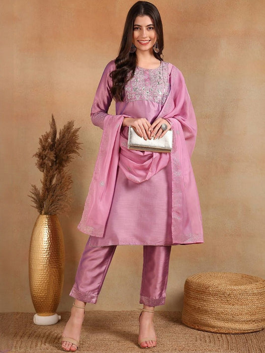 Dhiyona KL Ethnic Motifs Embroidered Regular Mirror Work Kurta with Trousers & With Dupatta