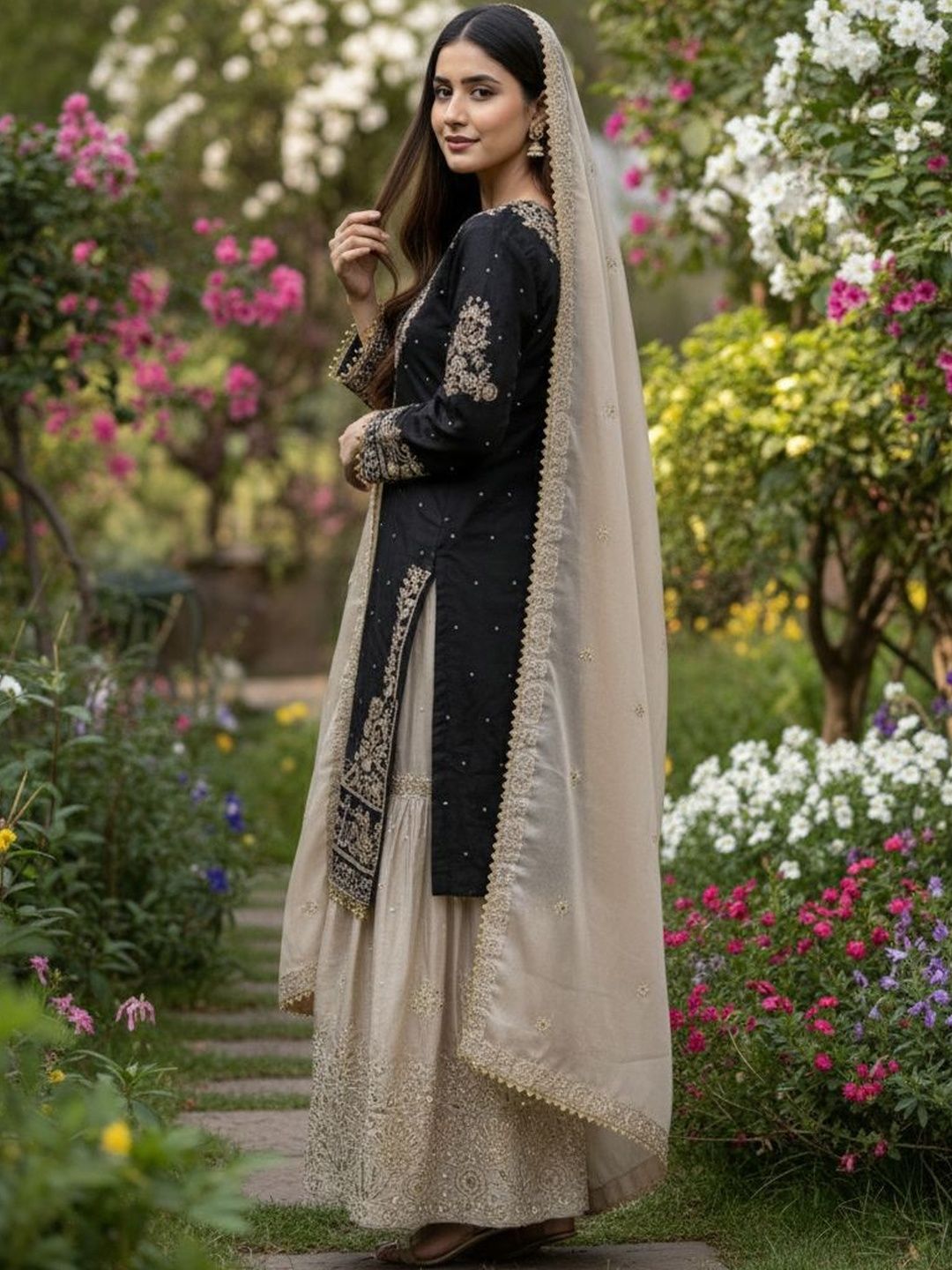 Dhiyona KL Women Ethnic Motifs Embroidered Regular Kurta with Sharara & With Dupatta
