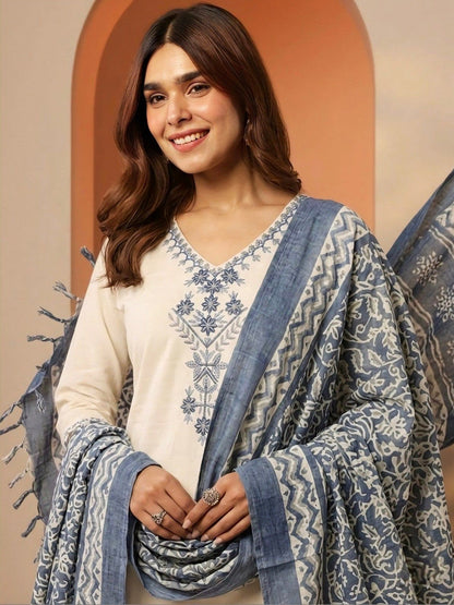 Embroidered Pure Cotton V-Neck Kurta & Trousers With Dupatta