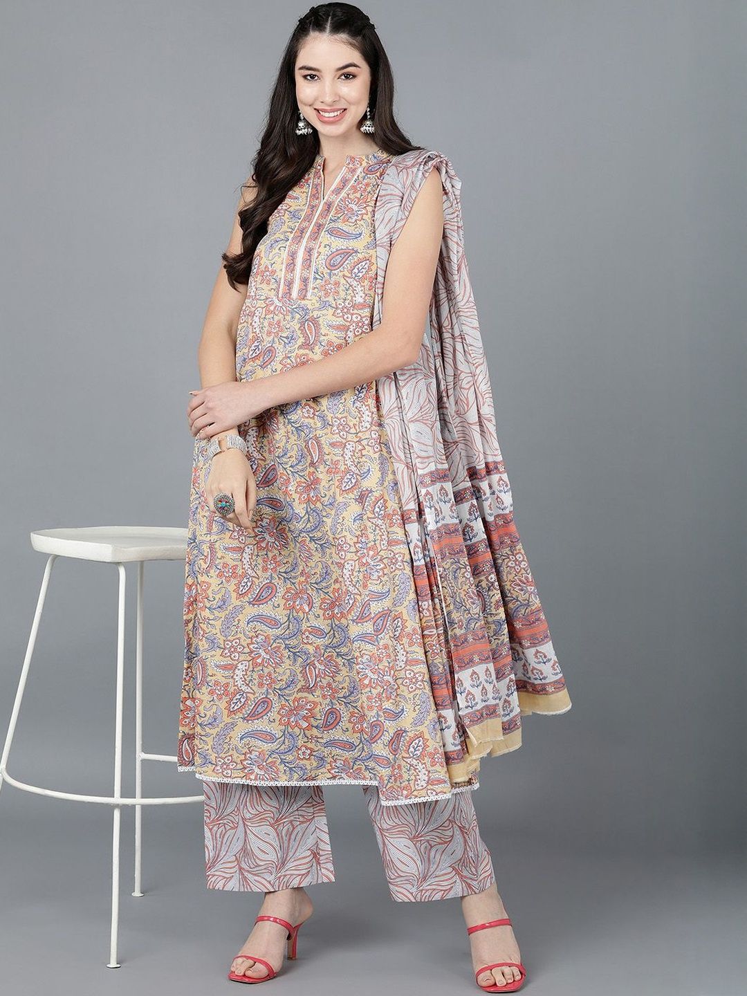 Dhiyona KL Ethnic Motifs Printed Empire Pure Cotton Kurta with Palazzos & Dupatta