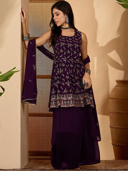 Dhiyona SN Floral Embroidered Square Neck Sequinned Kurta & Palazzo With Dupatta