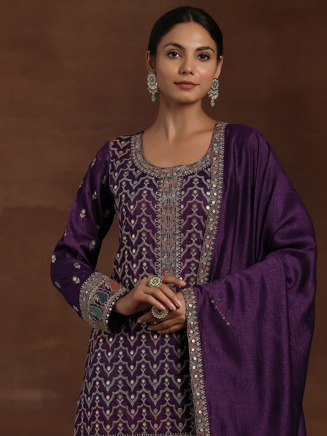 Dhiyona LL Ethnic Motifs Embroidered Sequinned Straight Kurta With Palazzos And Dupatta