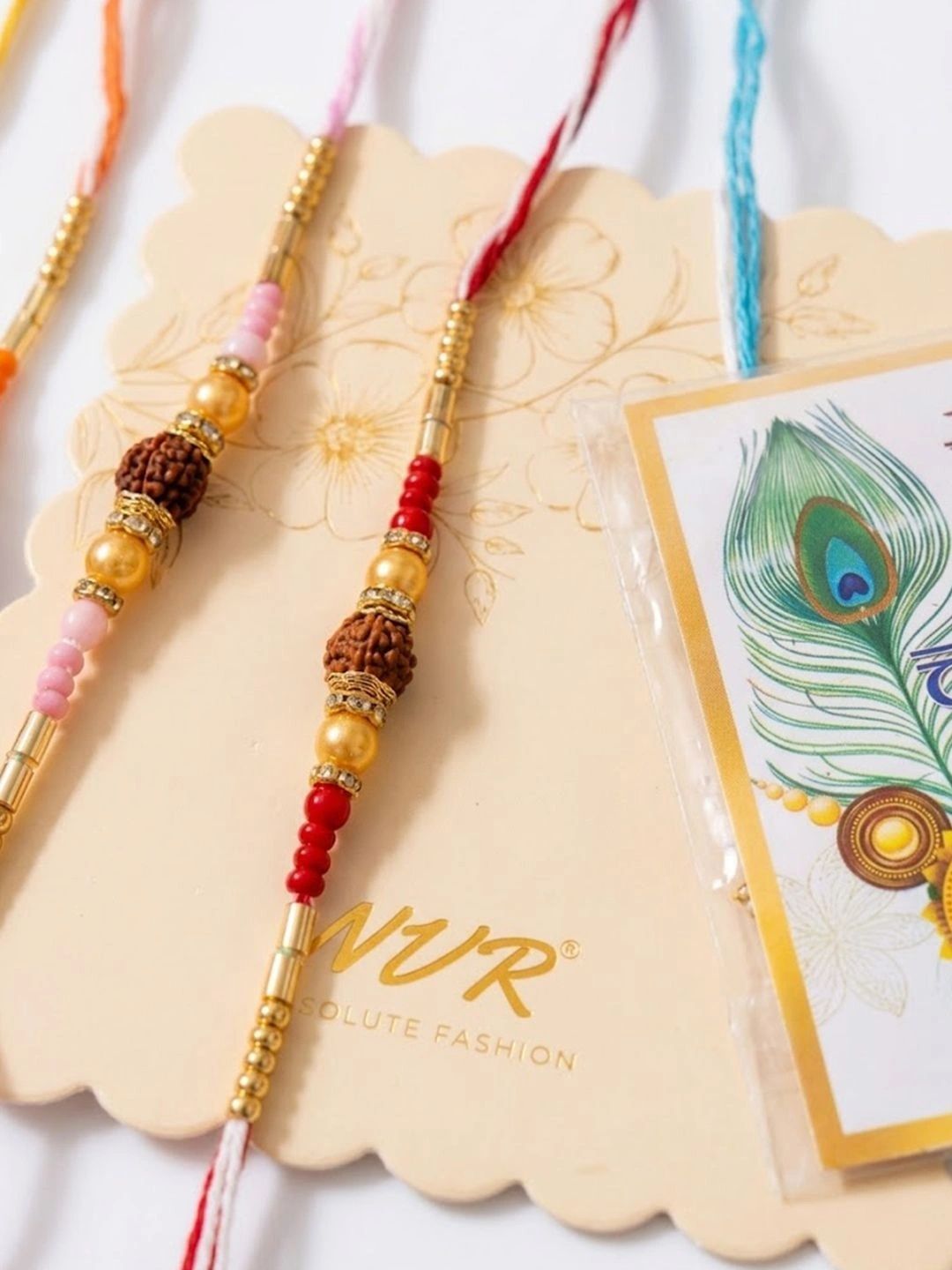 Dhiyona Set Of 6 Rudraksh & Artificial Beads Thread Rakhi With Roli Chawal Chandan Mishri