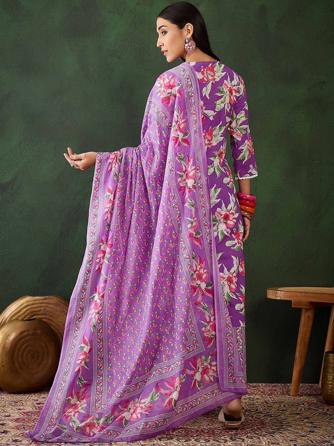 Floral Printed Thread Work Pure Cotton Kurta With Trousers & Dupatta