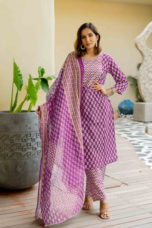 Dhiyona KL Floral Printed Round Neck Mirror Work Pure Cotton Kurta With Trousers & Dupatta