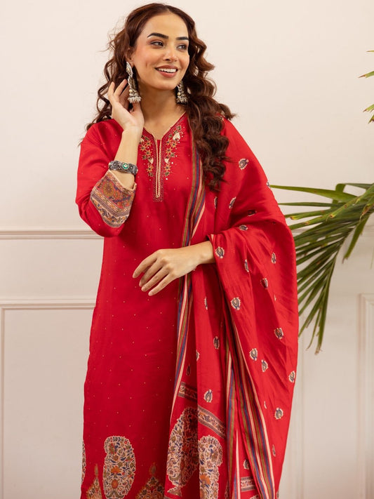 Dhiyona KL Ethnic Motifs Printed Sequinned Kurta With Palazzos & Dupatta