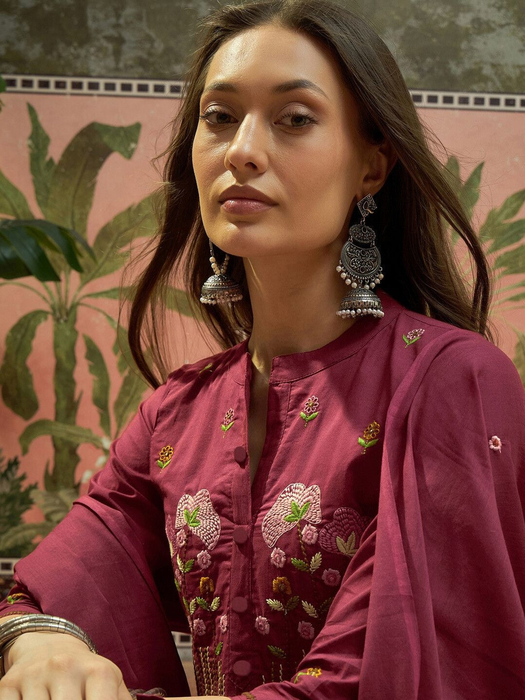 Embroidered Pure Cotton Mandarin Collar Kurta & Trousers With Dupatta