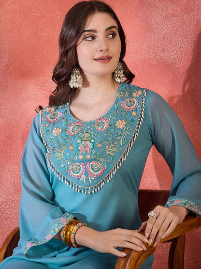 Floral Yoke Design Sequence Asymmetric Kurta & Palazzo Set