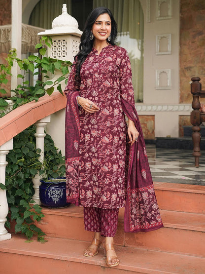 Dhiyona KL Floral Printed Mandarin Collar Straight Kurta With Trousers & Dupatta